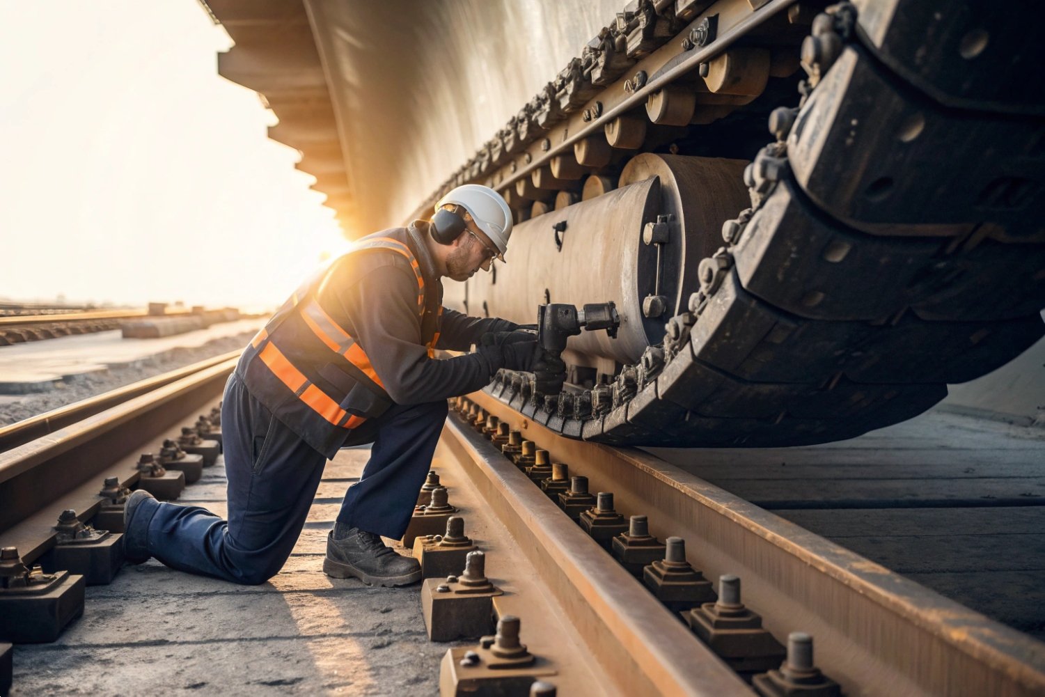Railroad maintenance worker in safety gear using a pneumatic tool on heavy excavator tracks.