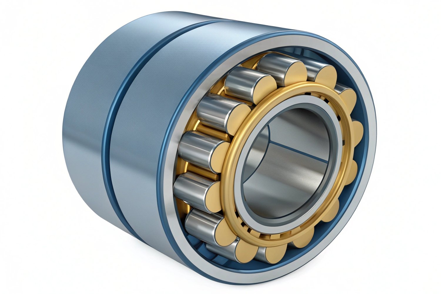 Close-up of a precision dual-row cylindrical roller bearing for heavy industrial machinery applications.