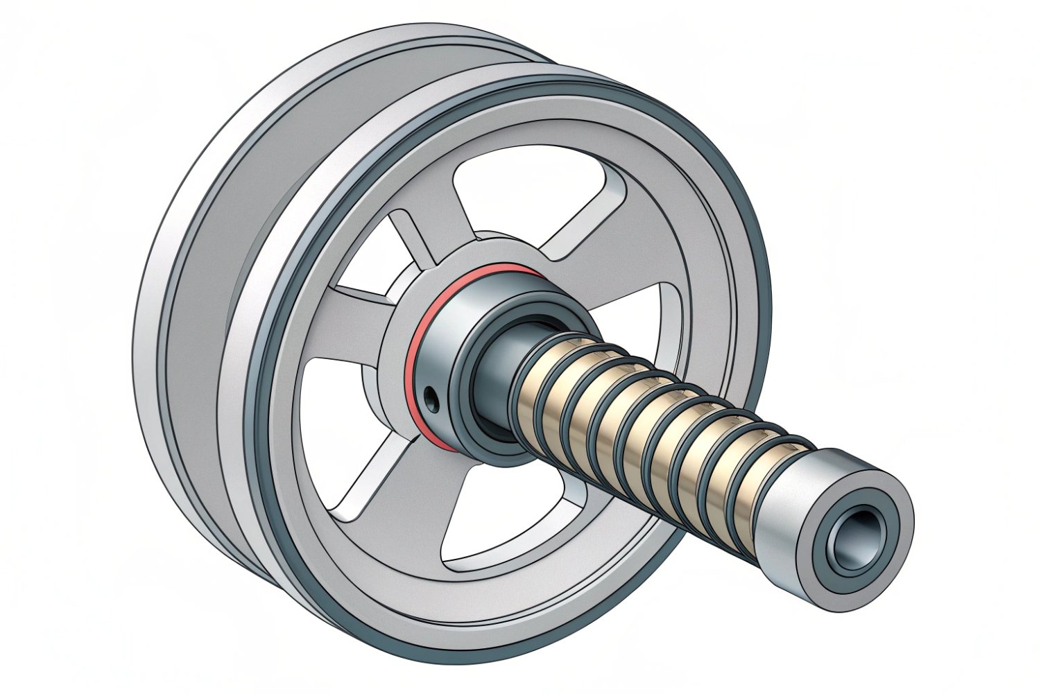 Technical 3D schematic of a mechanical pulley and spring tensioner assembly on a white background.