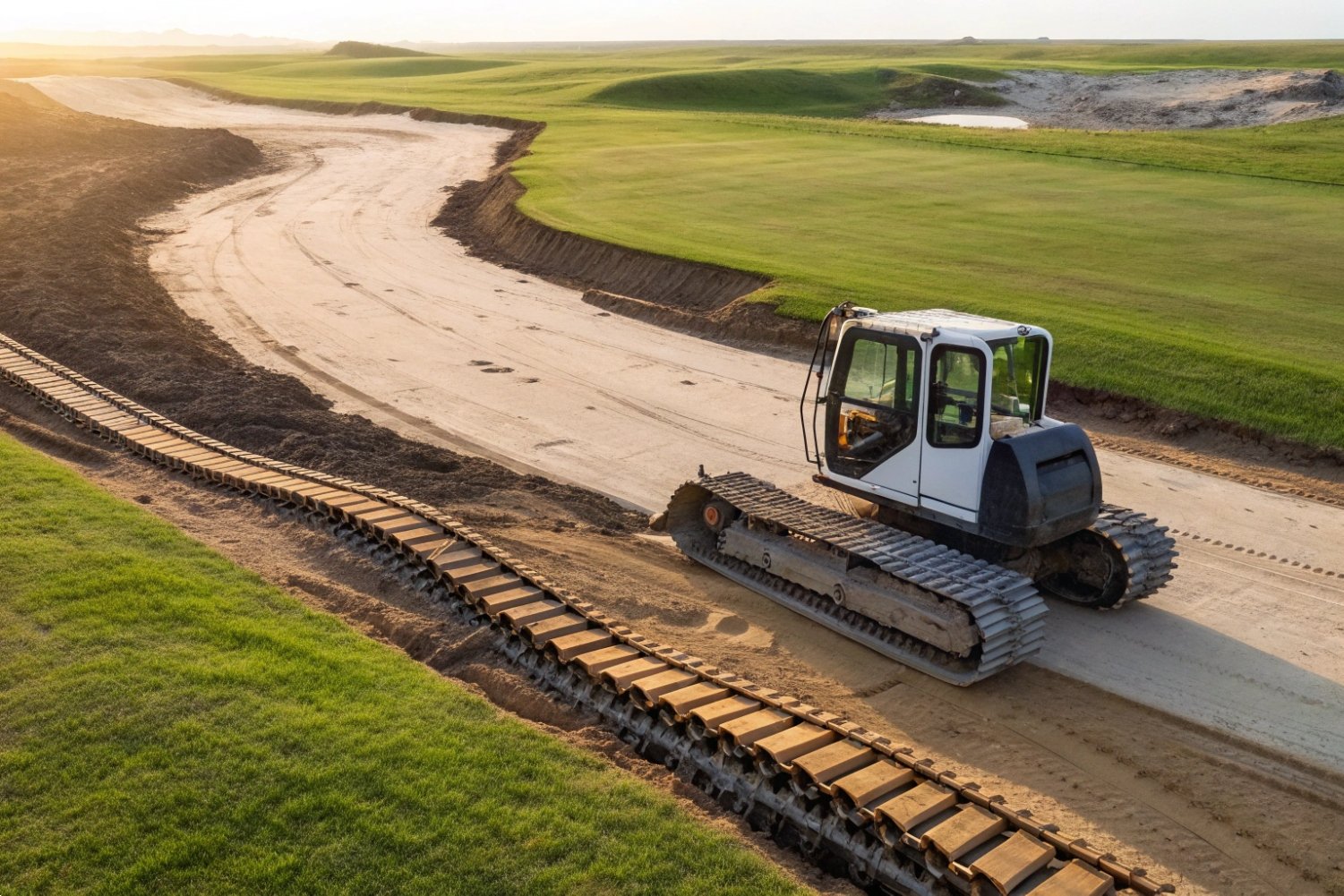 Crawler Tractor Construction Site Modern white crawler excavator operating on a dirt road at a scenic infrastructure project.