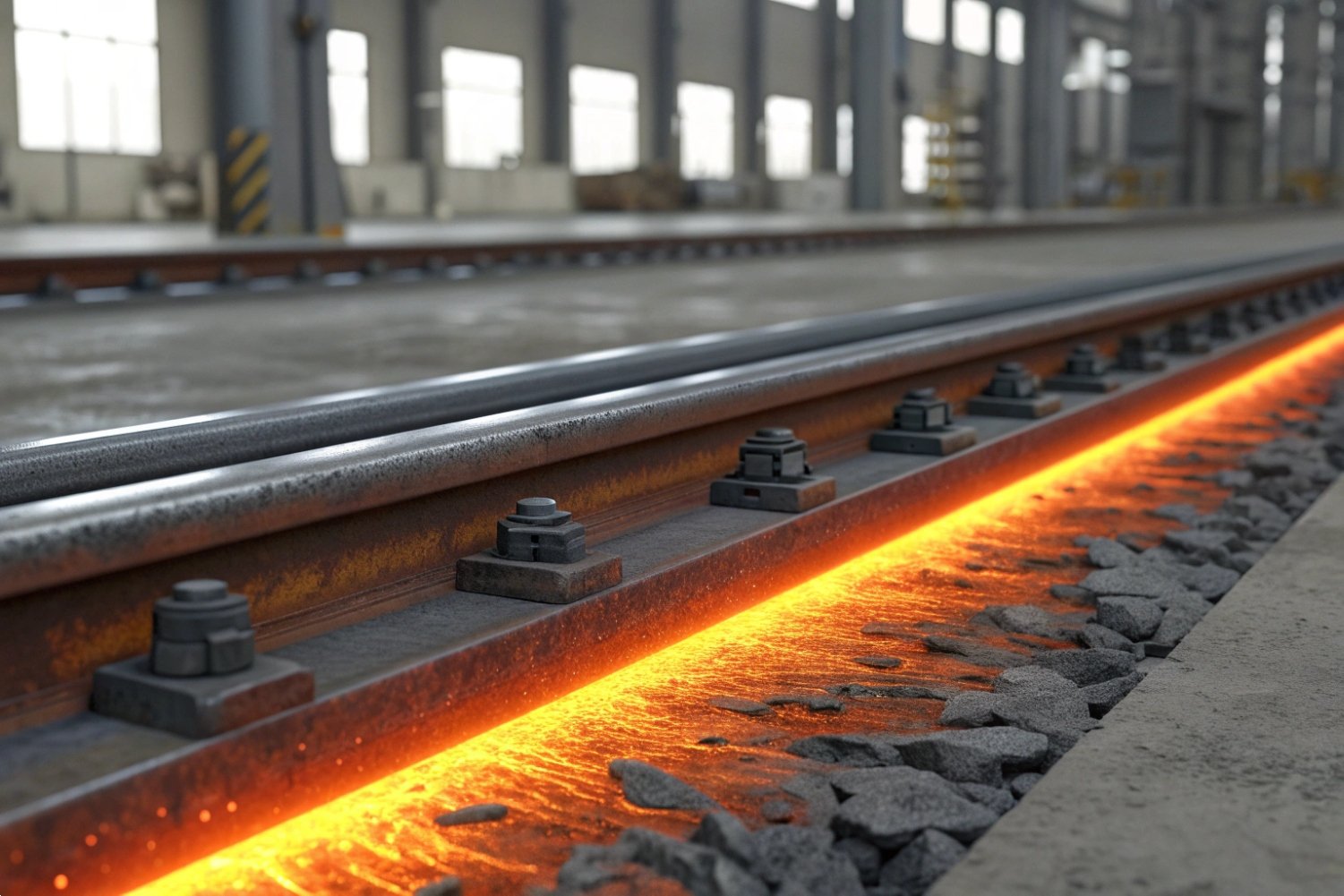 Steel railway tracks with glowing heat induction during industrial manufacturing