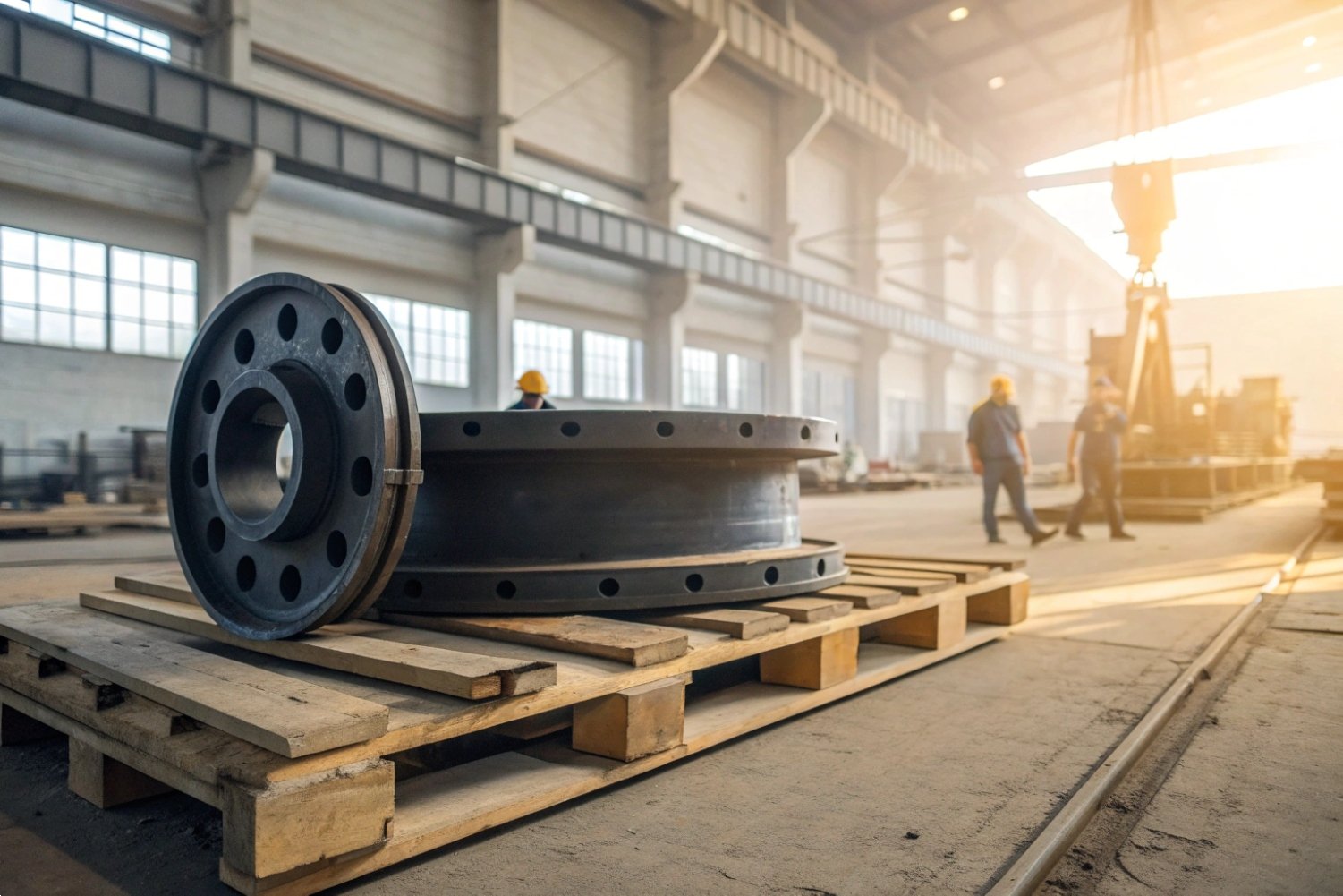 Large industrial steel pulley wheels on a wooden pallet in a workshop facility