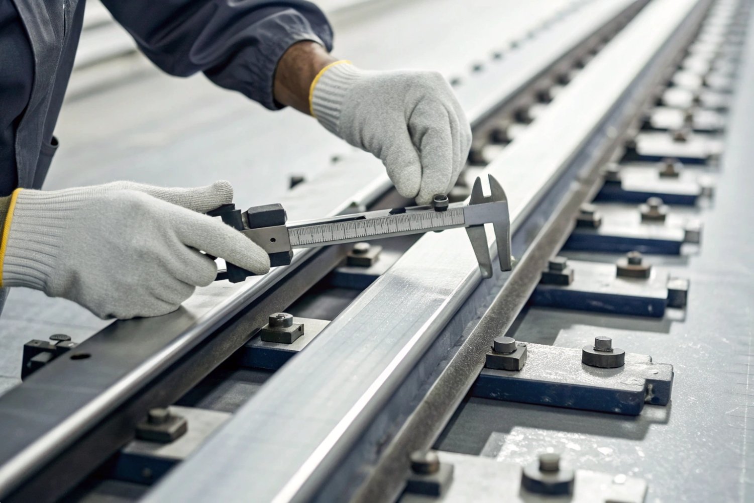 Professional using calipers to measure steel railway track dimensions in a factory