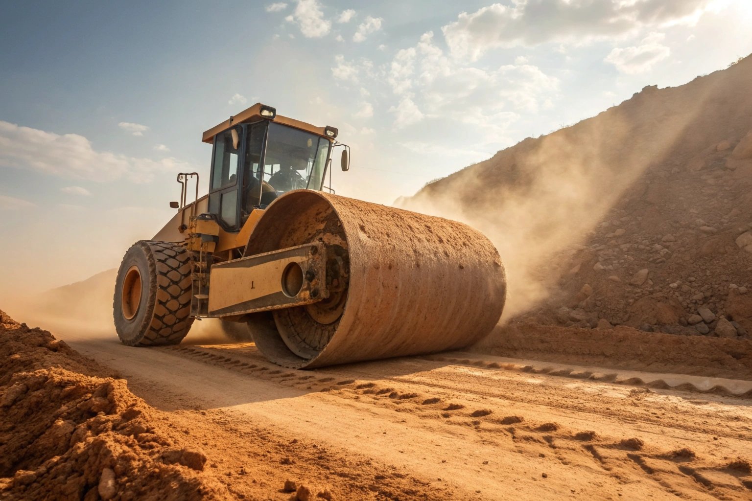 Heavy earthmoving excavator climbing a steep dirt road at an open-pit mining site