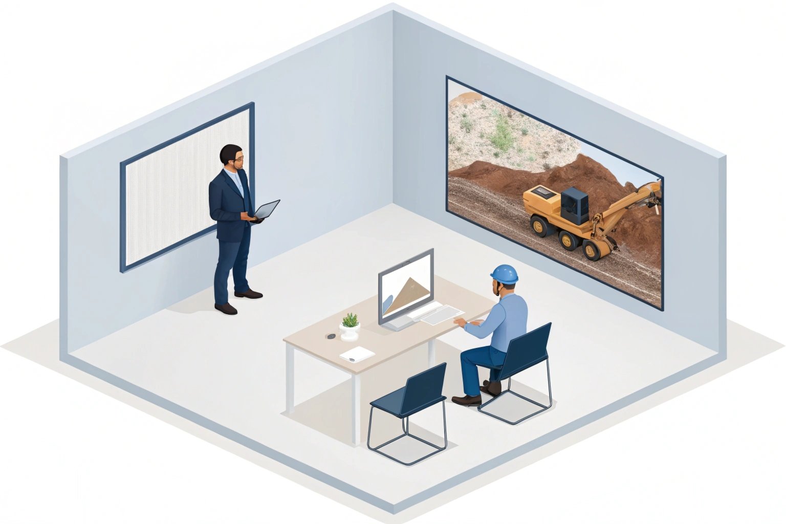 Presentation scenario of engineer controlling excavator remotely from office, innovation in construction