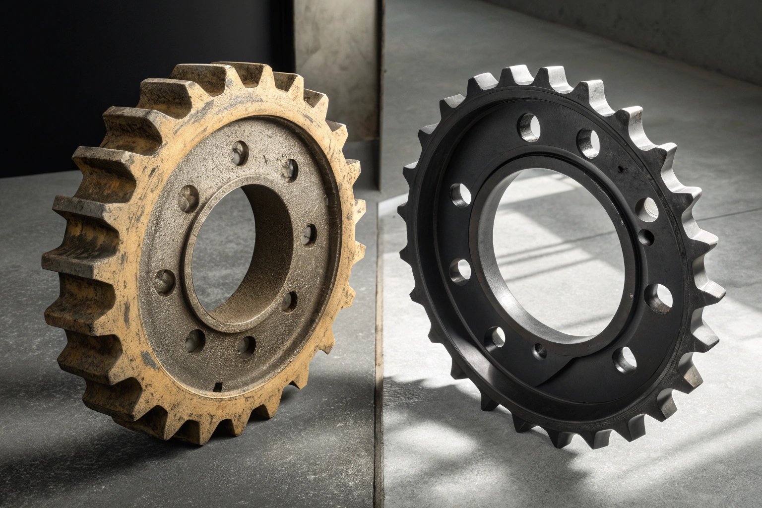 Comparison of two heavy-duty steel drive sprockets for industrial crawler machinery.