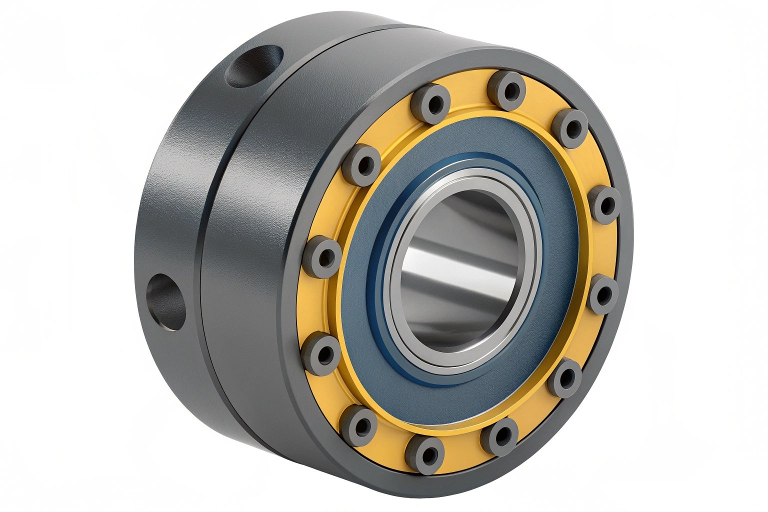 High-performance industrial rotary bearing assembly with yellow casing and precision steel components.