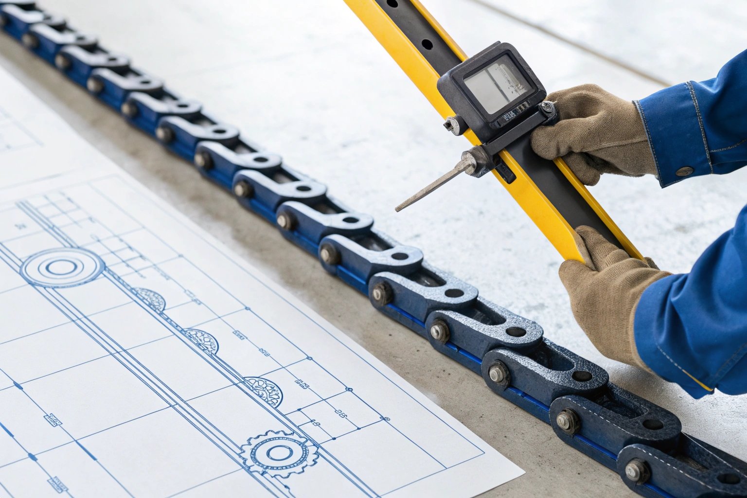 Engineer using a digital measurement tool on a heavy-duty industrial chain with technical blueprints.