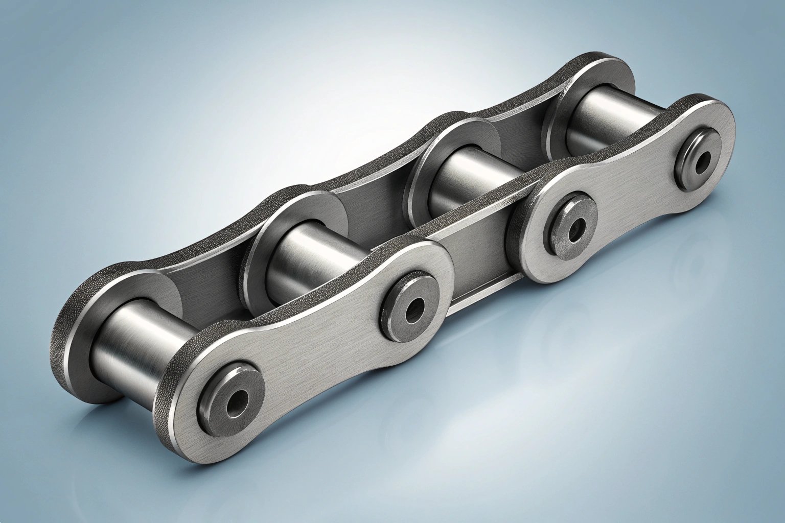 Industrial Roller Chain Link Heavy-duty industrial steel roller chain link isolated on a gradient background.