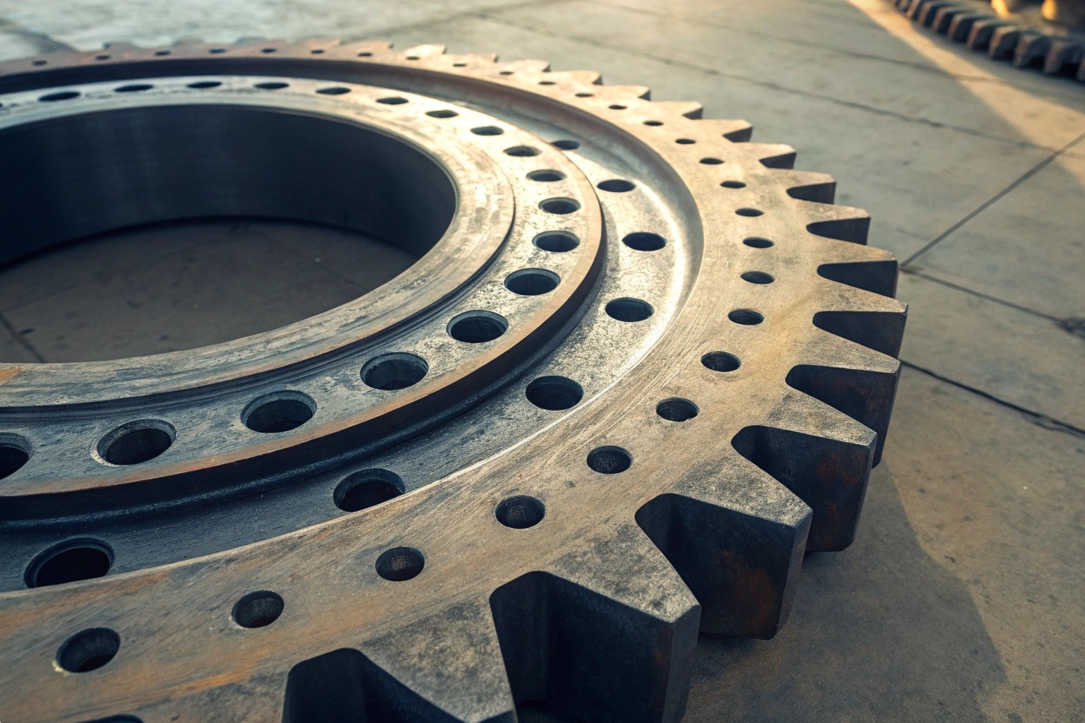 Large industrial steel slewing ring gear for heavy machinery applications.