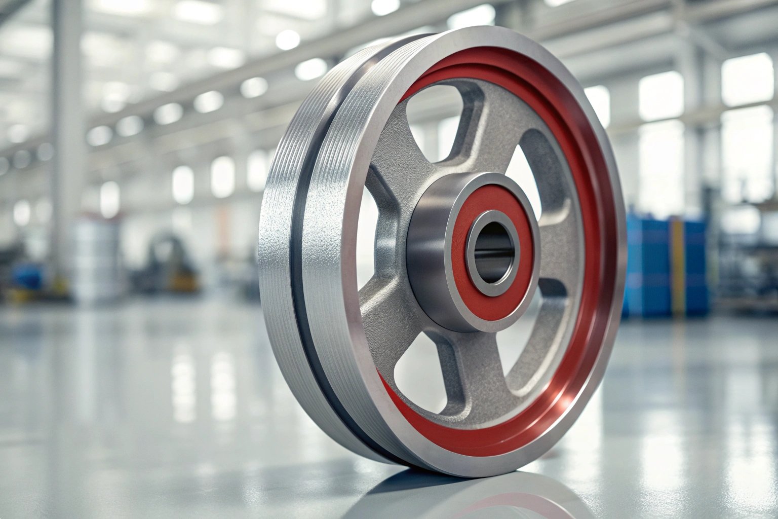 Precision machined industrial pulley wheel with red protective coating in factory.