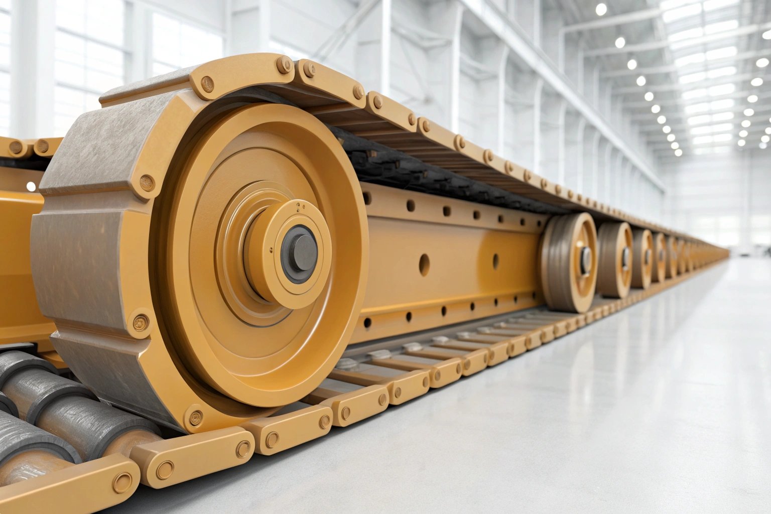 Yellow Cat Excavator Undercarriage Track Chain in a Clean, High-tech Factory Setting.