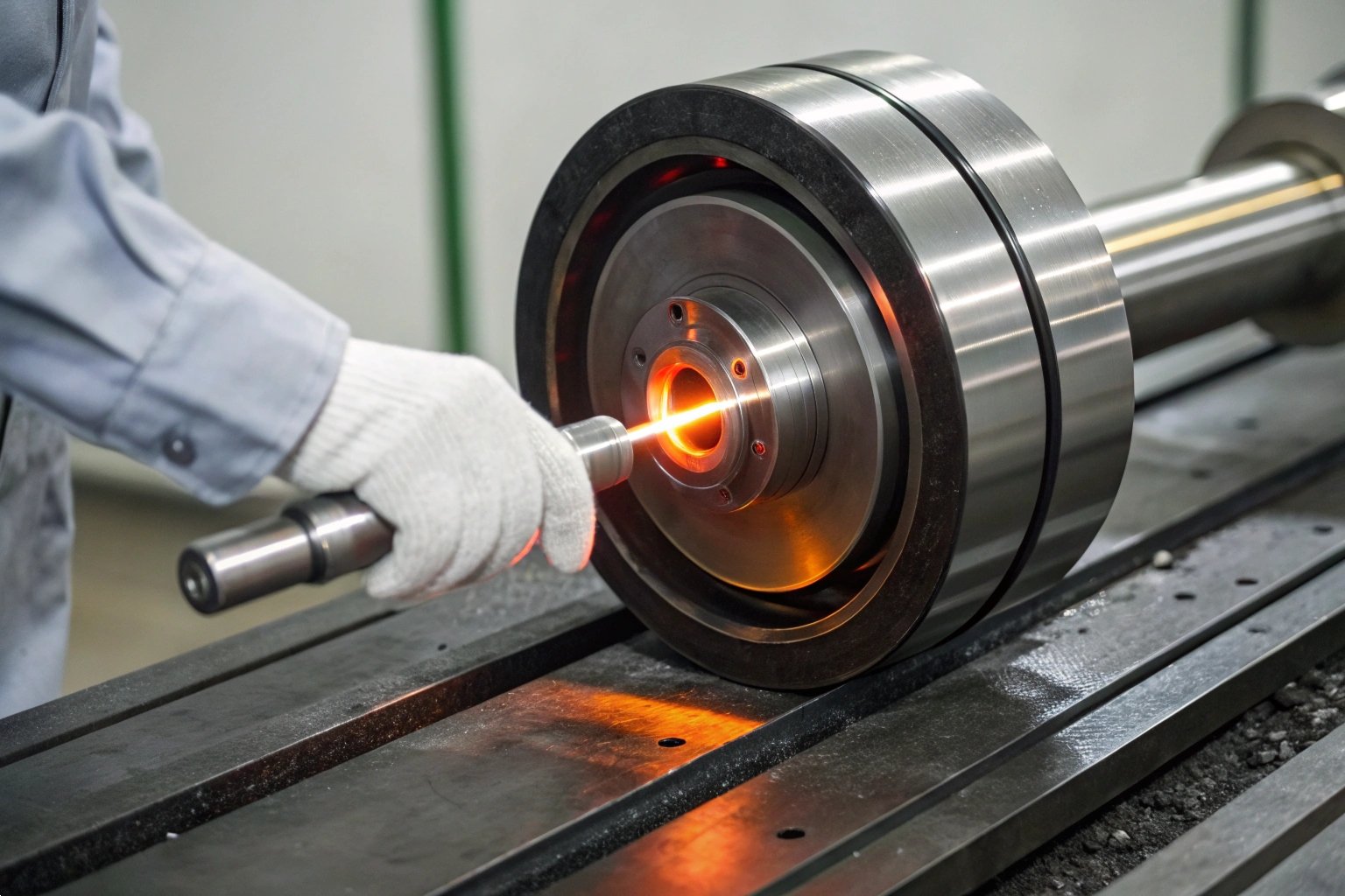 Close-up of a high-tech laser heating process on a heavy-duty industrial metal roller.