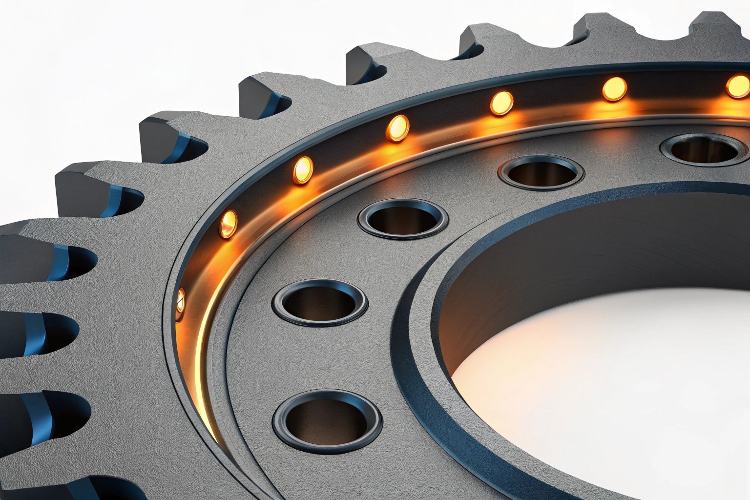 3D rendering of a high precision industrial gear with glowing internal sensors.