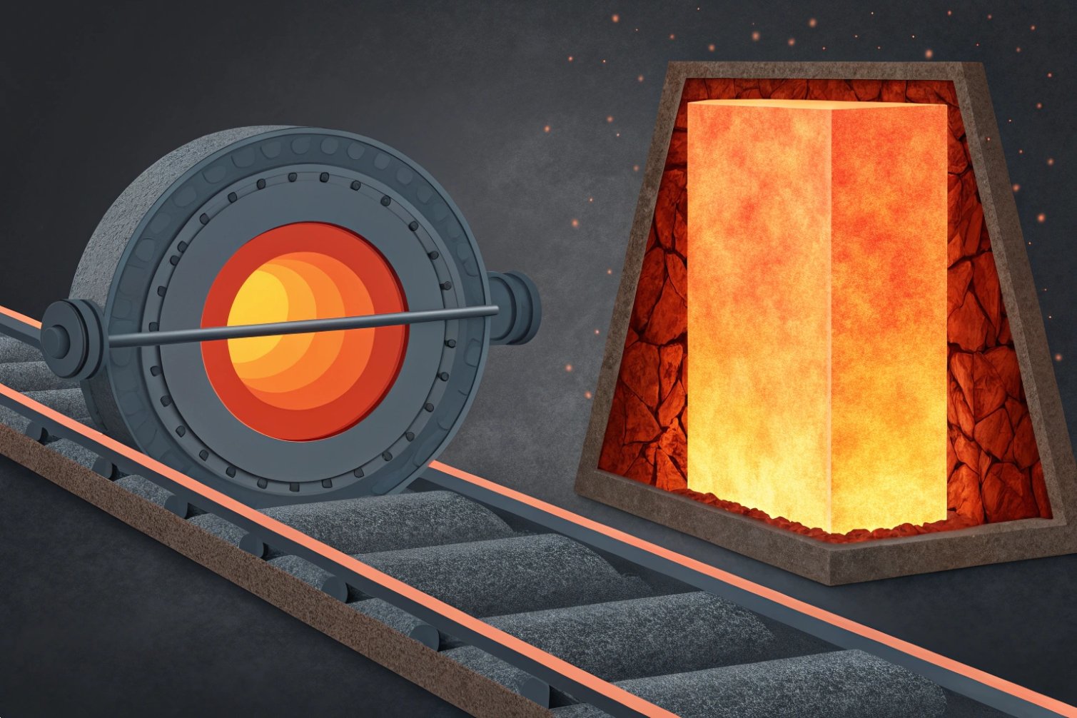 Hot steel rod rolling in a factory facility, showing steel production process.