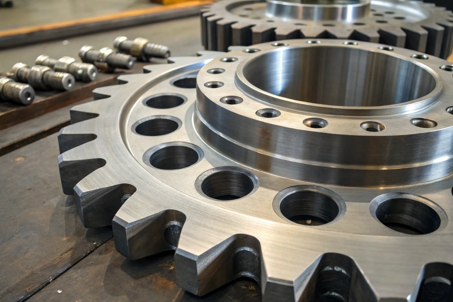 Close-up of a large machined steel gear wheel with precision-drilled holes in a factory.