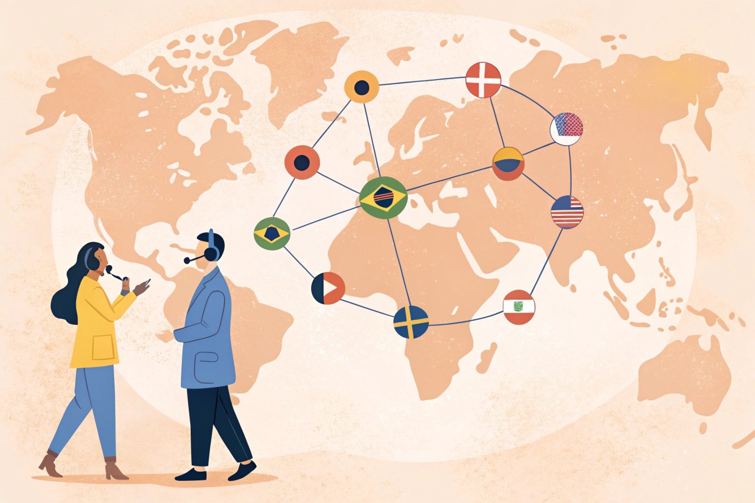 Global map with flags and call center operators, international communication, customer service network