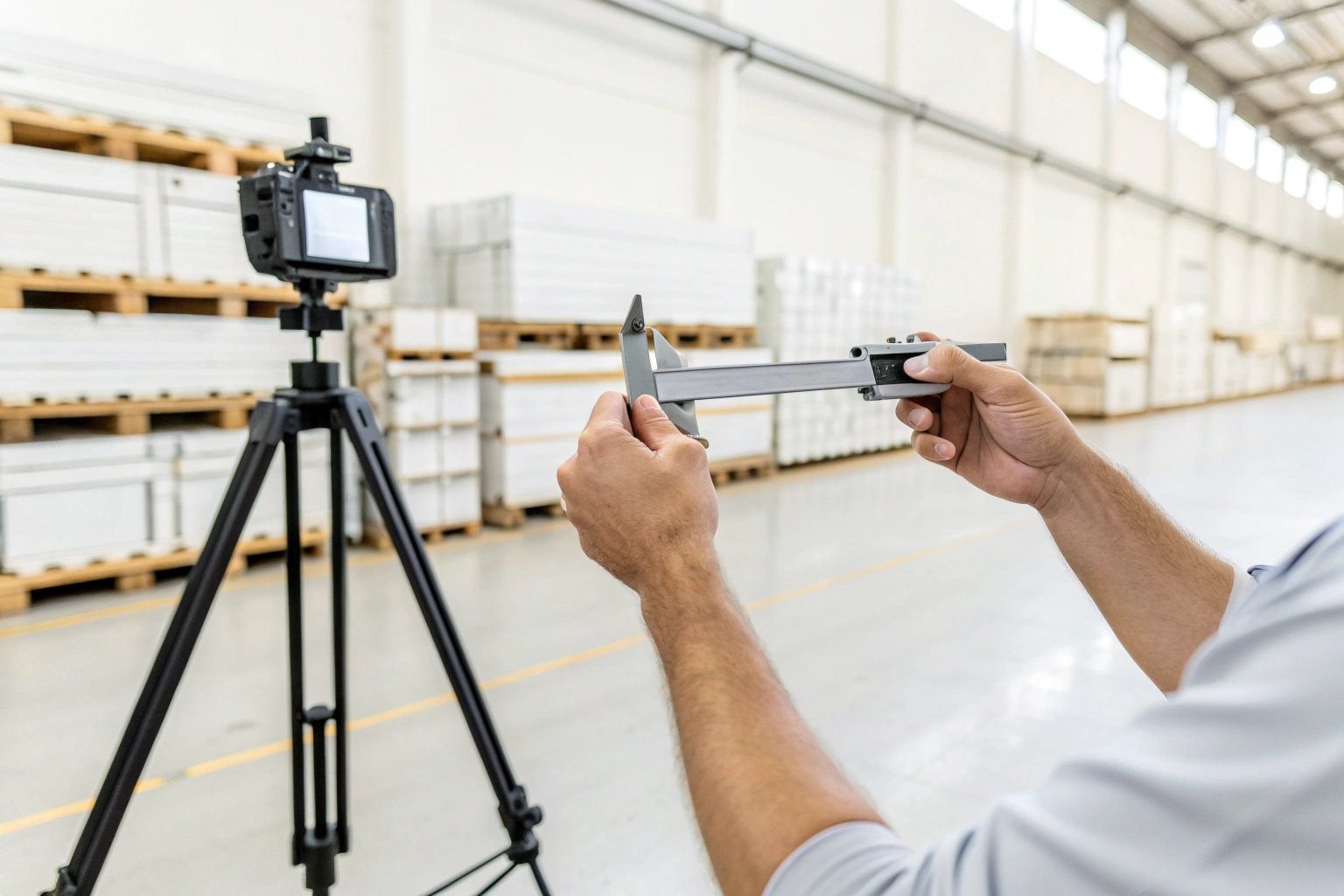 Quality control technician using precision calipers to measure components in a warehouse.