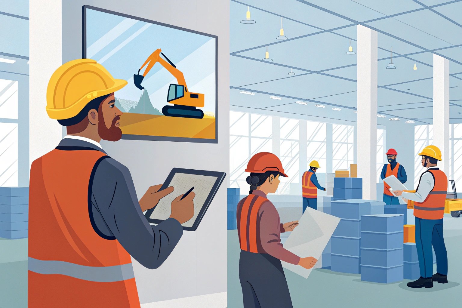 Project Planning Construction engineers managing logistics with diagrams and machinery in a warehouse setting.