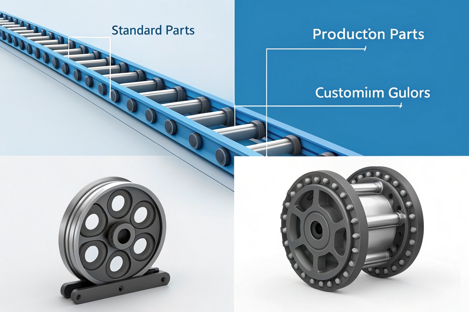 Component Overview Component labeling includes standard, production, and custom parts, with detailed images.