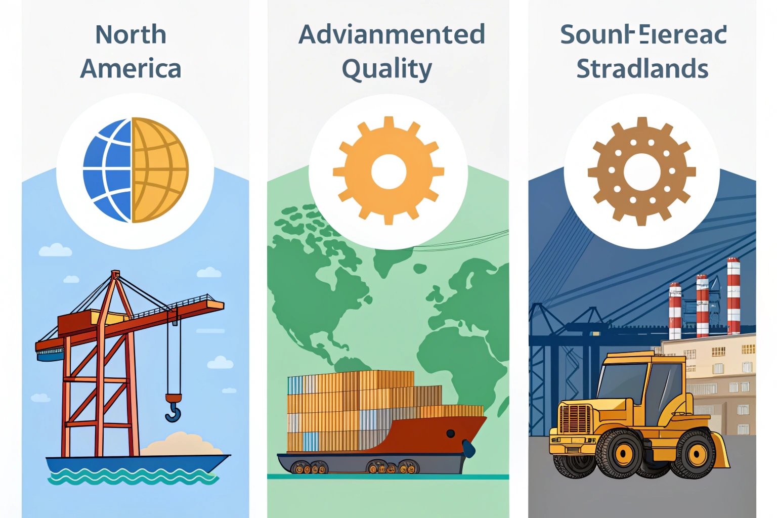 Diverse categories of global logistics illustrated in various regional themes.