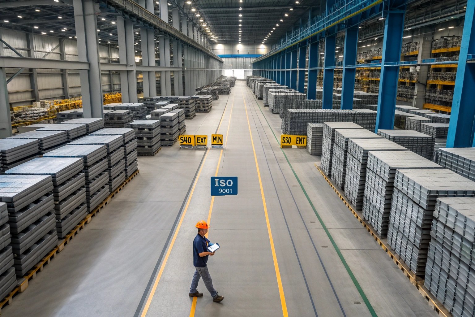 Worker in large industrial warehouse with stacks of metal sheets.