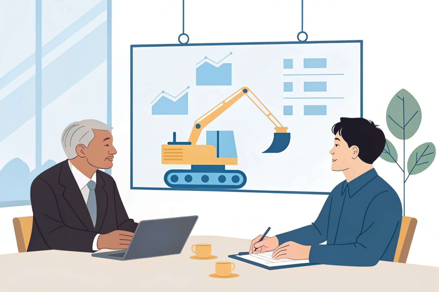 Illustrative business meeting discussing excavator and market trends.