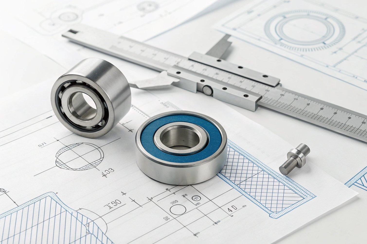 Precision bearings with detailed engineering blueprints in the background, showcasing design expertise.