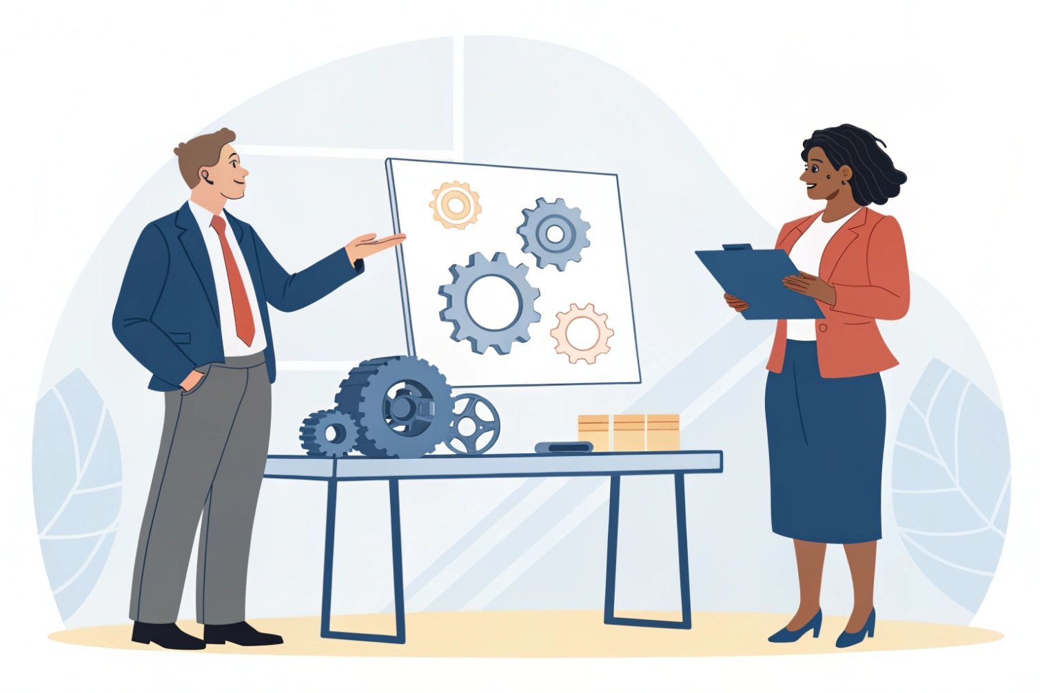 Professionals discussing gears in business setting, illustrating product innovation and planning.