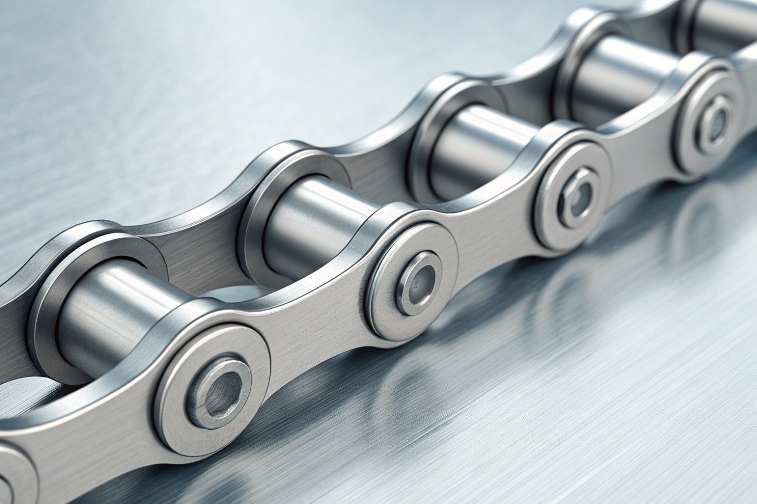 Close-up view of shiny metal chain, focusing on links.