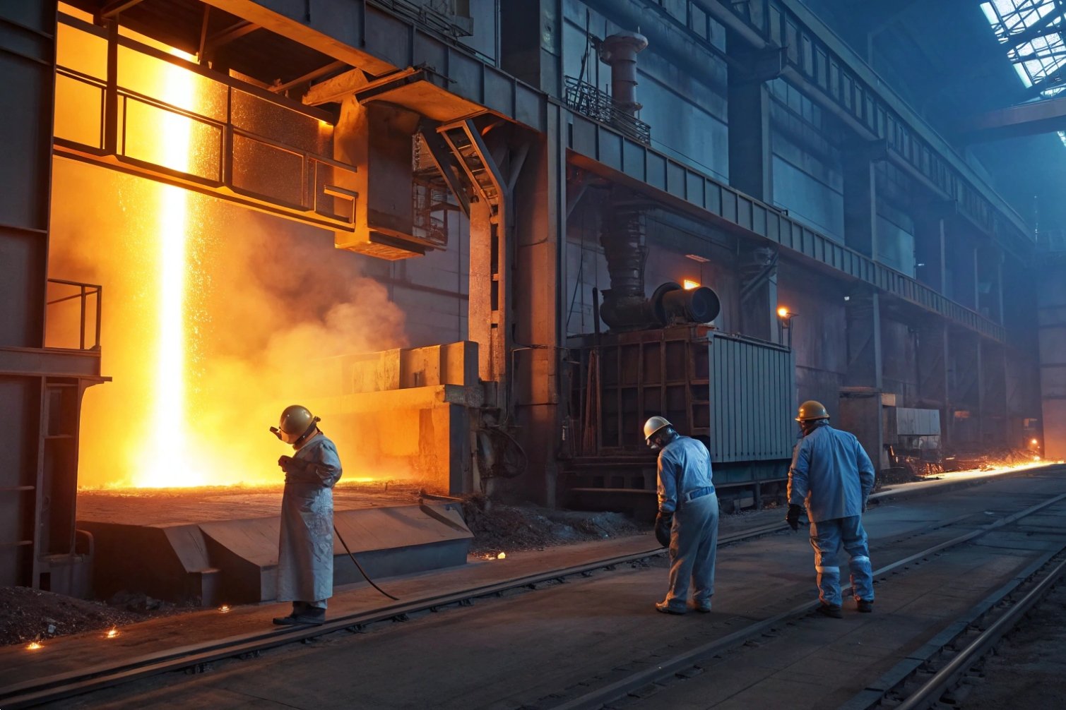 Workers monitoring industrial furnace operation.