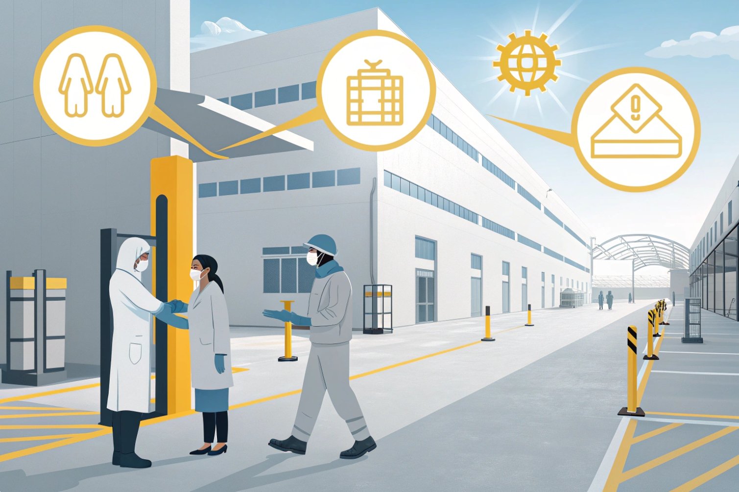 Illustration of factory with safety protocols in place.