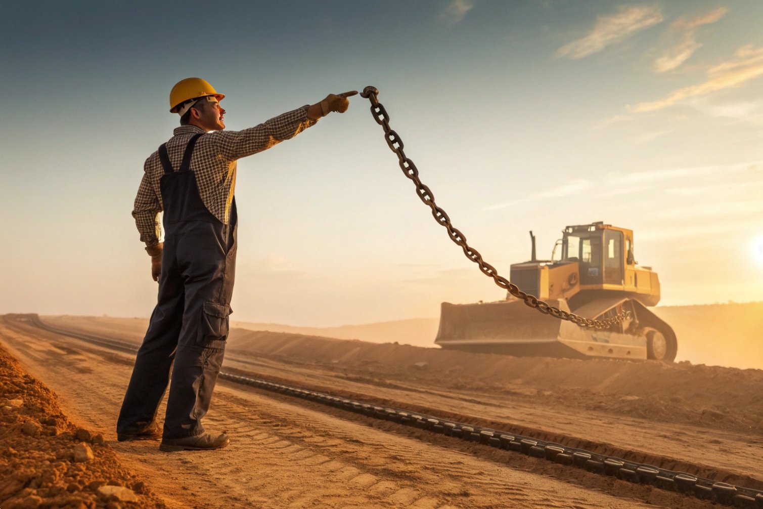 Worker with chain guiding bulldozer at sunrise