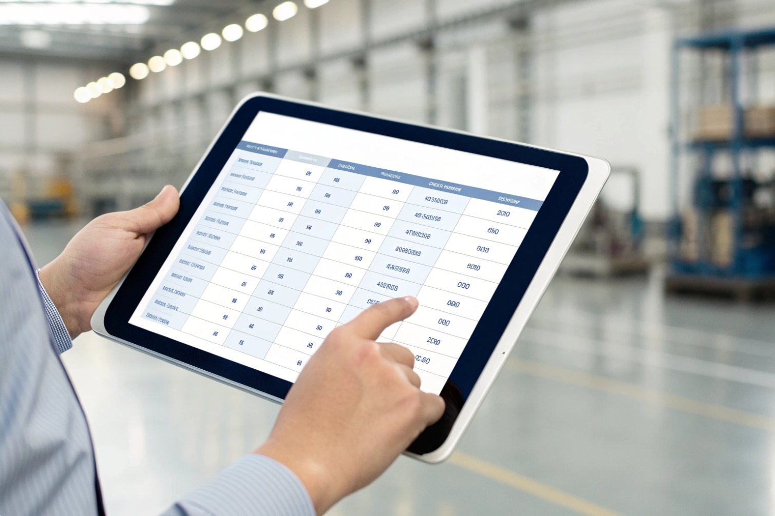 Industrial environment showing tablet displaying inventory data. Gloved hand interacting with screen.
