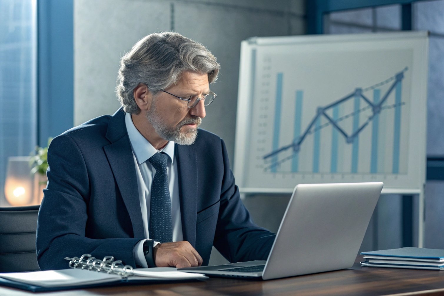 Businessman at laptop in office with financial chart blurred.