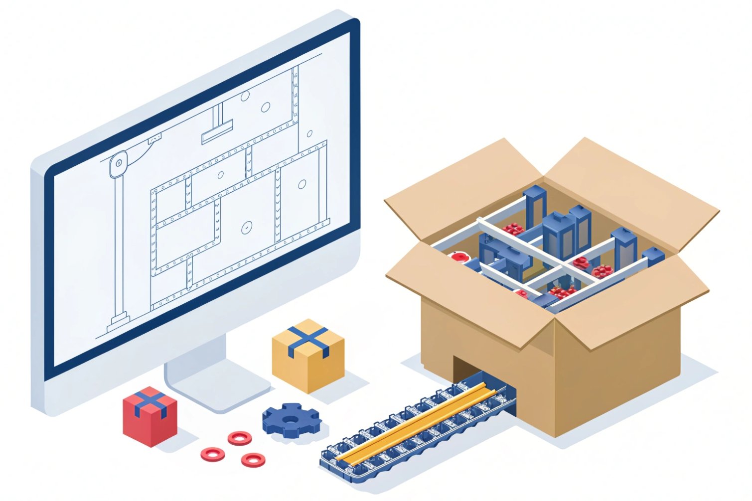 Illustrated computer screen and boxed mechanical parts layout.