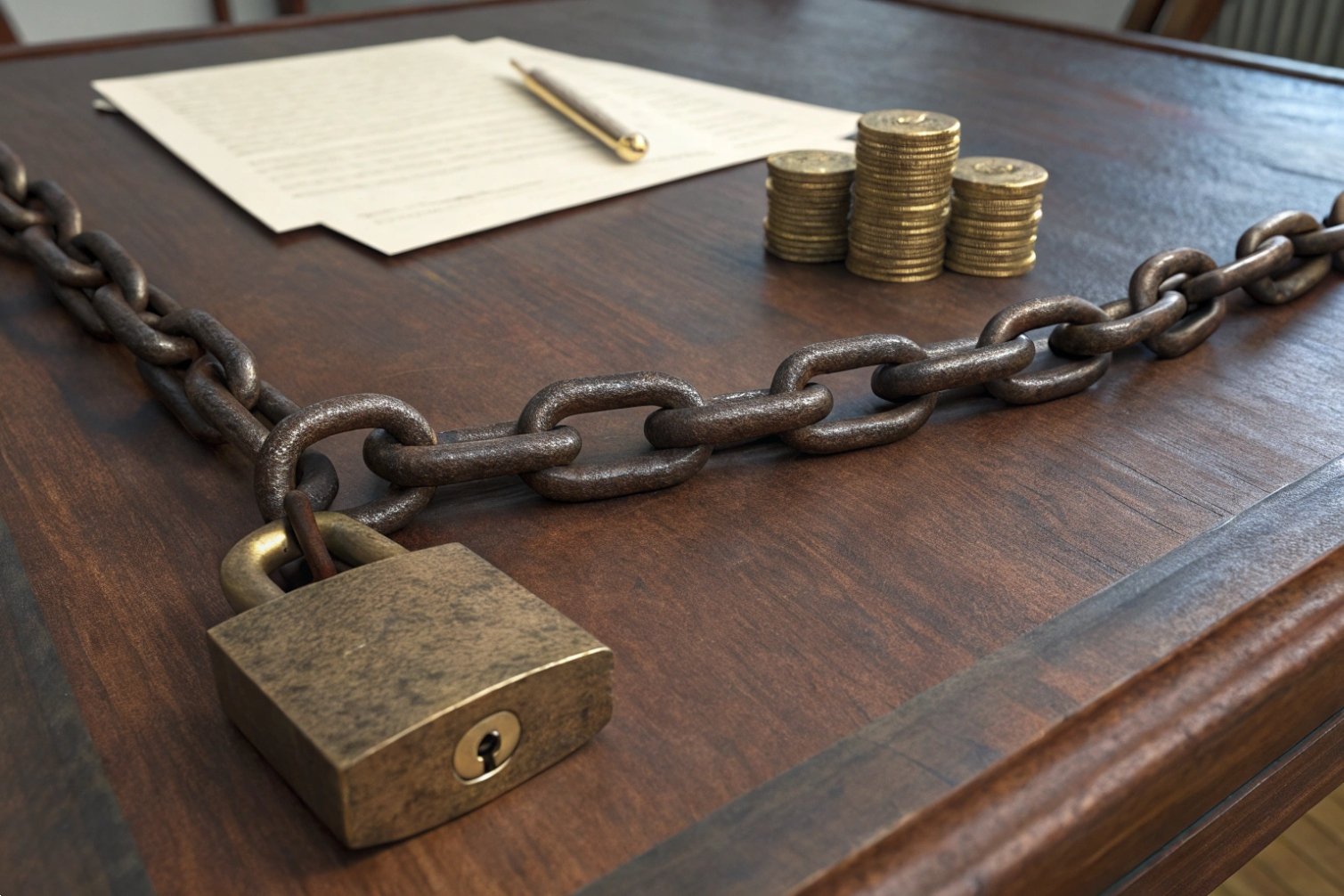 Padlocked chain securing coins and document on table.