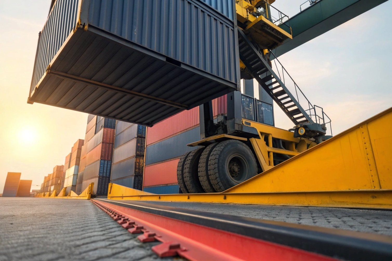 Heavy equipment lifting container in shipyard.