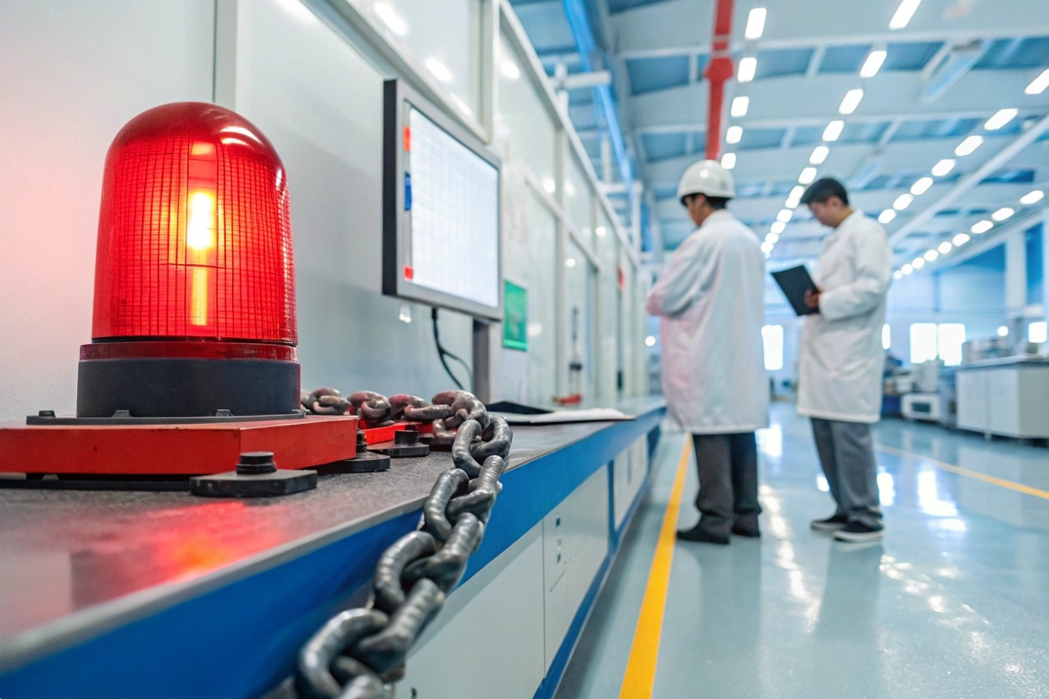 Red alarm with workers in industrial facility.