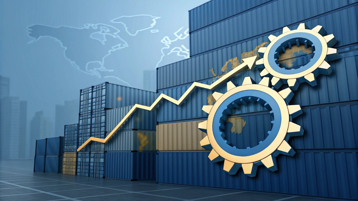 Logistics analytics Gears with chart overlay in container yard.