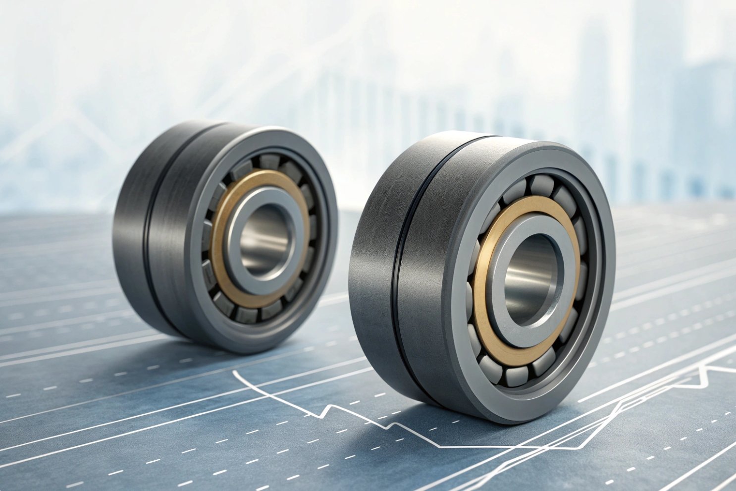 Two precision deep groove ball bearings on a technical graph background