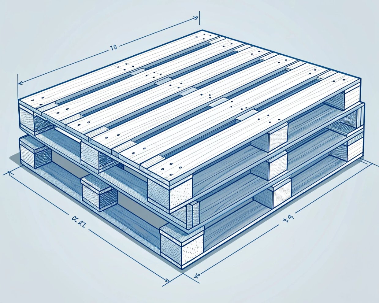 Technical blueprint drawing of a wooden shipping pallet with dimensions and construction details