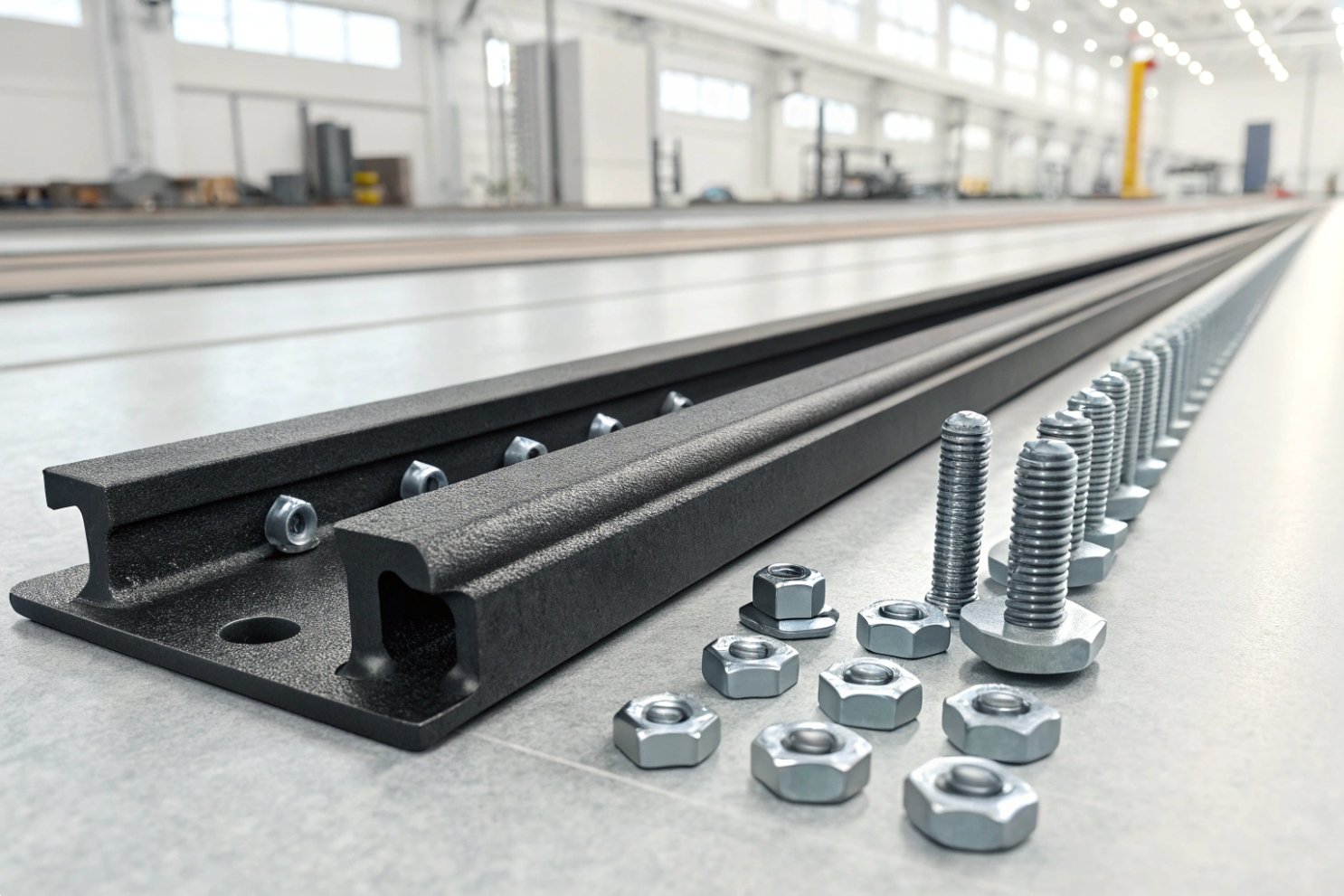 Industrial train or crane rail track section with bolts and nuts on a factory floor
