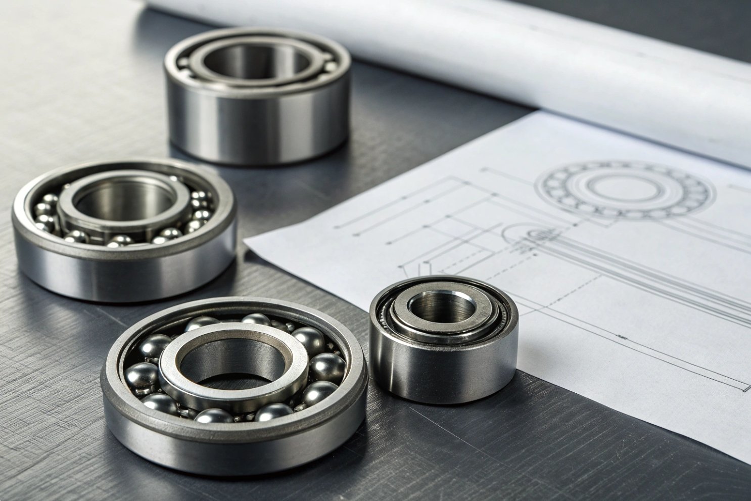 Various metal ball bearings arranged on a desk next to technical engineering drawing schematics.