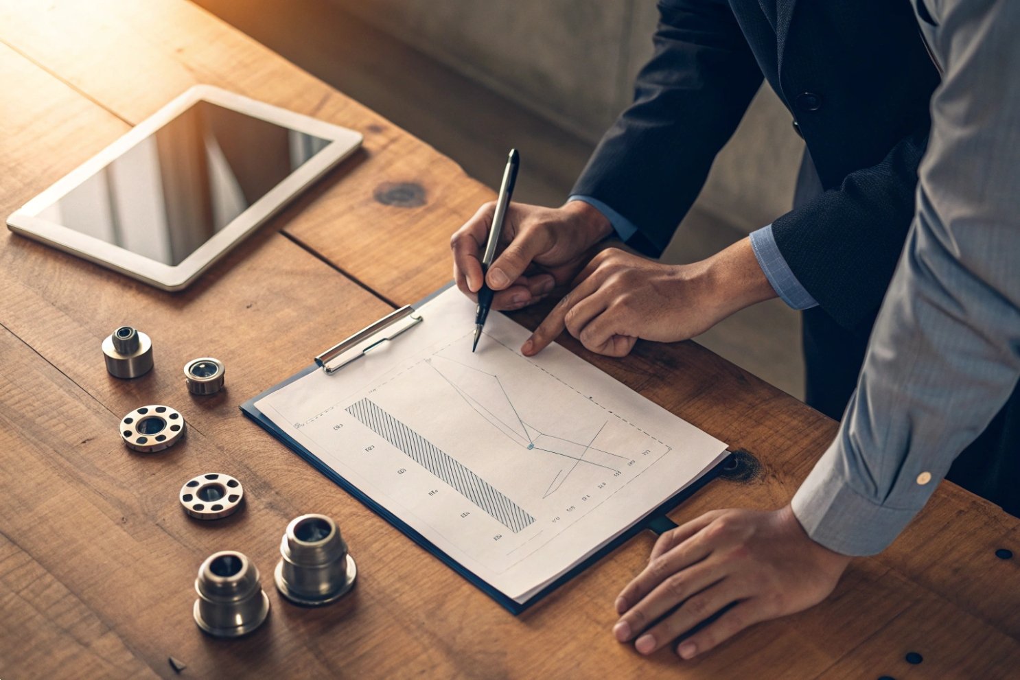 Close-up of industrial professionals reviewing technical performance charts and mechanical parts.