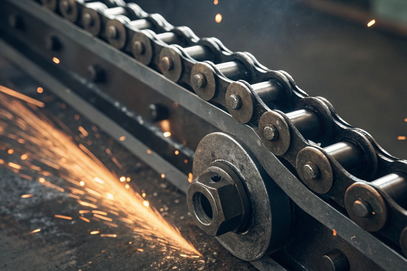Close-up of a heavy-duty industrial drive chain with sparks from metal fabrication.