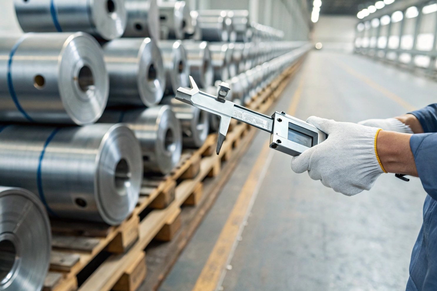 Worker using digital calipers to measure high-precision metal steel rolls in an industrial factory.