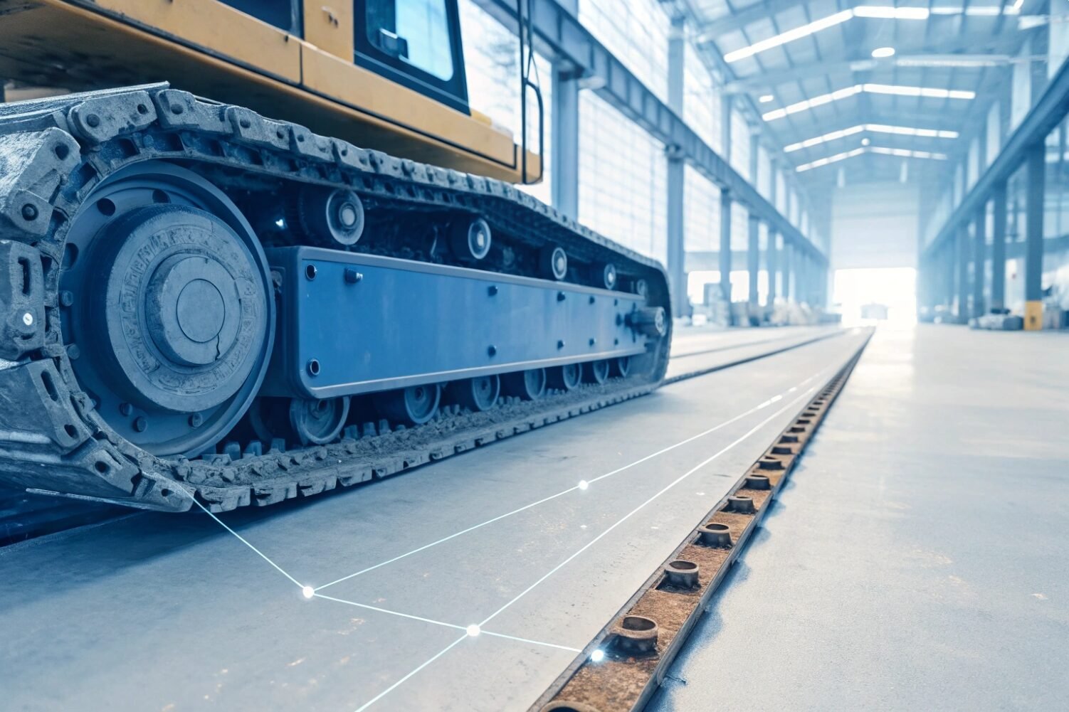 Modern crawler crane track assembly in a high tech industrial manufacturing facility