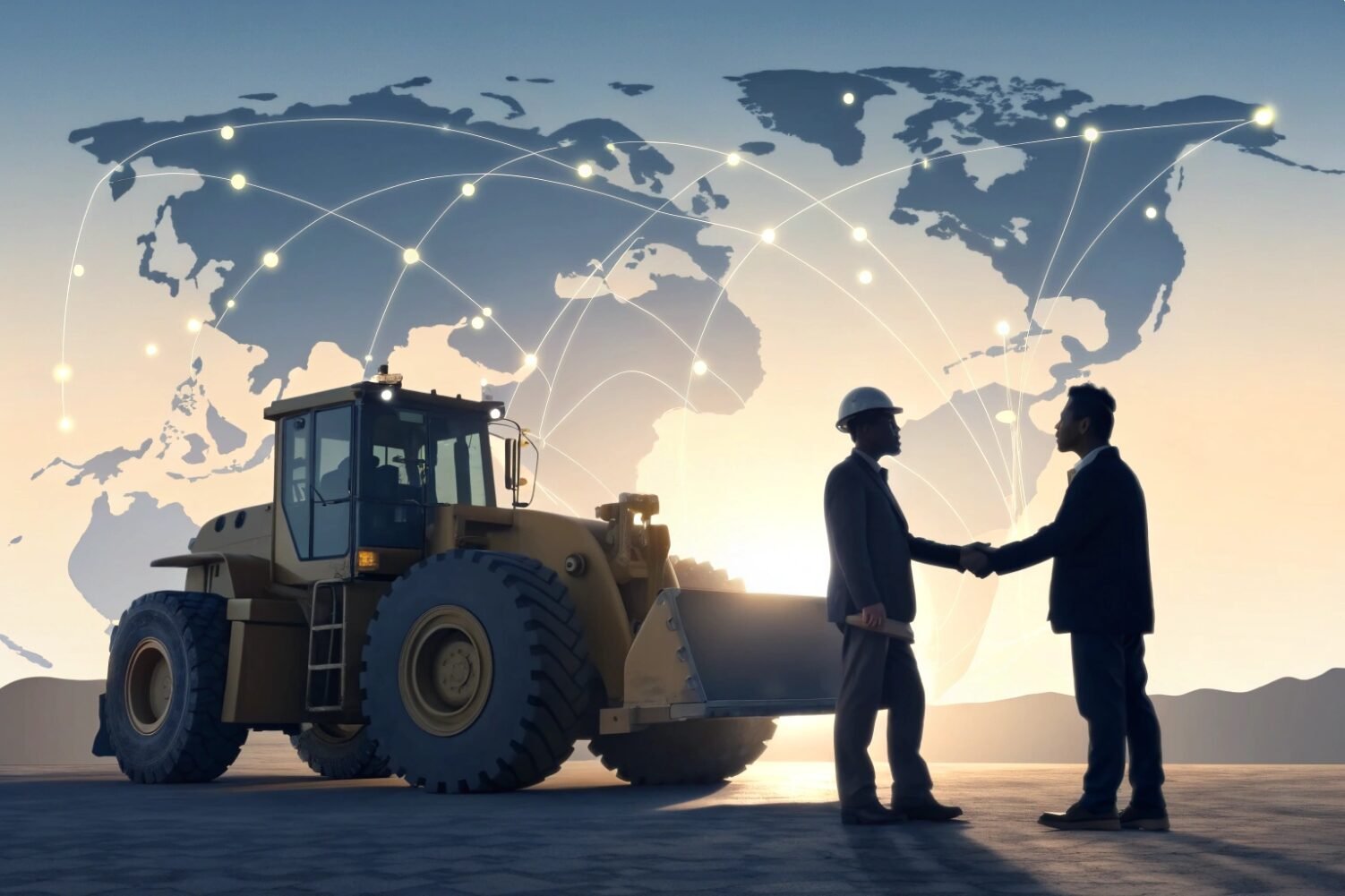 Two professionals shaking hands in front of heavy machinery and world map