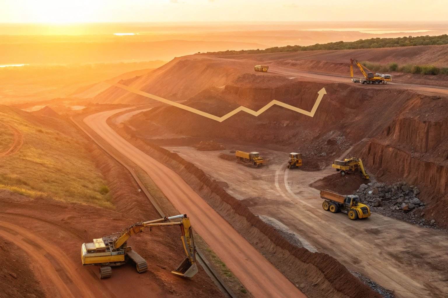 Aerial view of open pit mine with heavy machinery and rising growth arrow